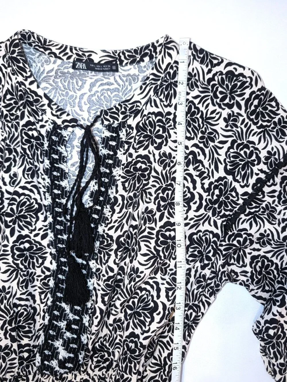 Zara | Linen Blend Floral Print Belted Romper with Tassels | Size	Large